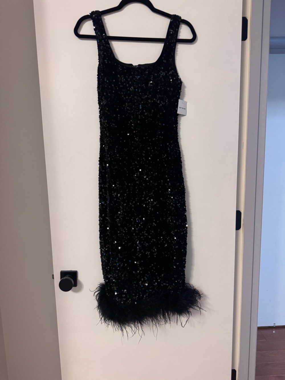 Black Sequin Feather-Hem Cocktail Midi Dress